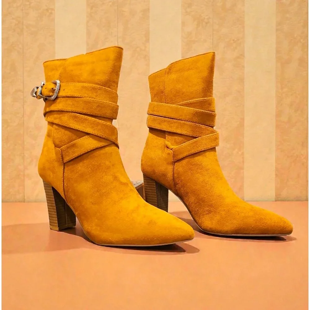 Mocha Faux Suede Ankle Boots With Stacked Heel & Decorative Buckle Strap Design - Picture 4 of 7